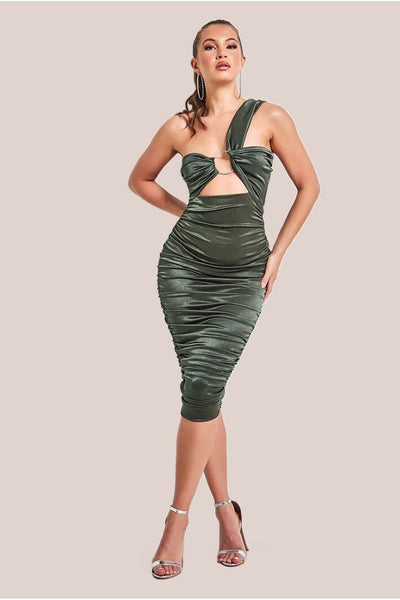 Khaki - Goddiva Ring Detail One Shoulder Ruched Midi - Khaki