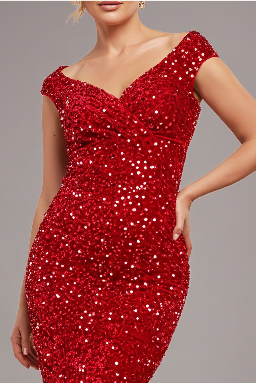 Goddiva Multi Sequin & Velvet Bardot Midi Dress - Red
