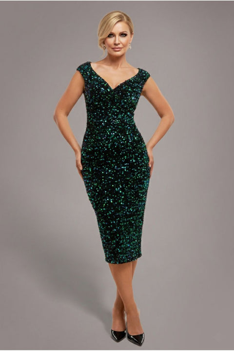 Goddiva Multi Sequin & Velvet Bardot Midi - Emerald Green