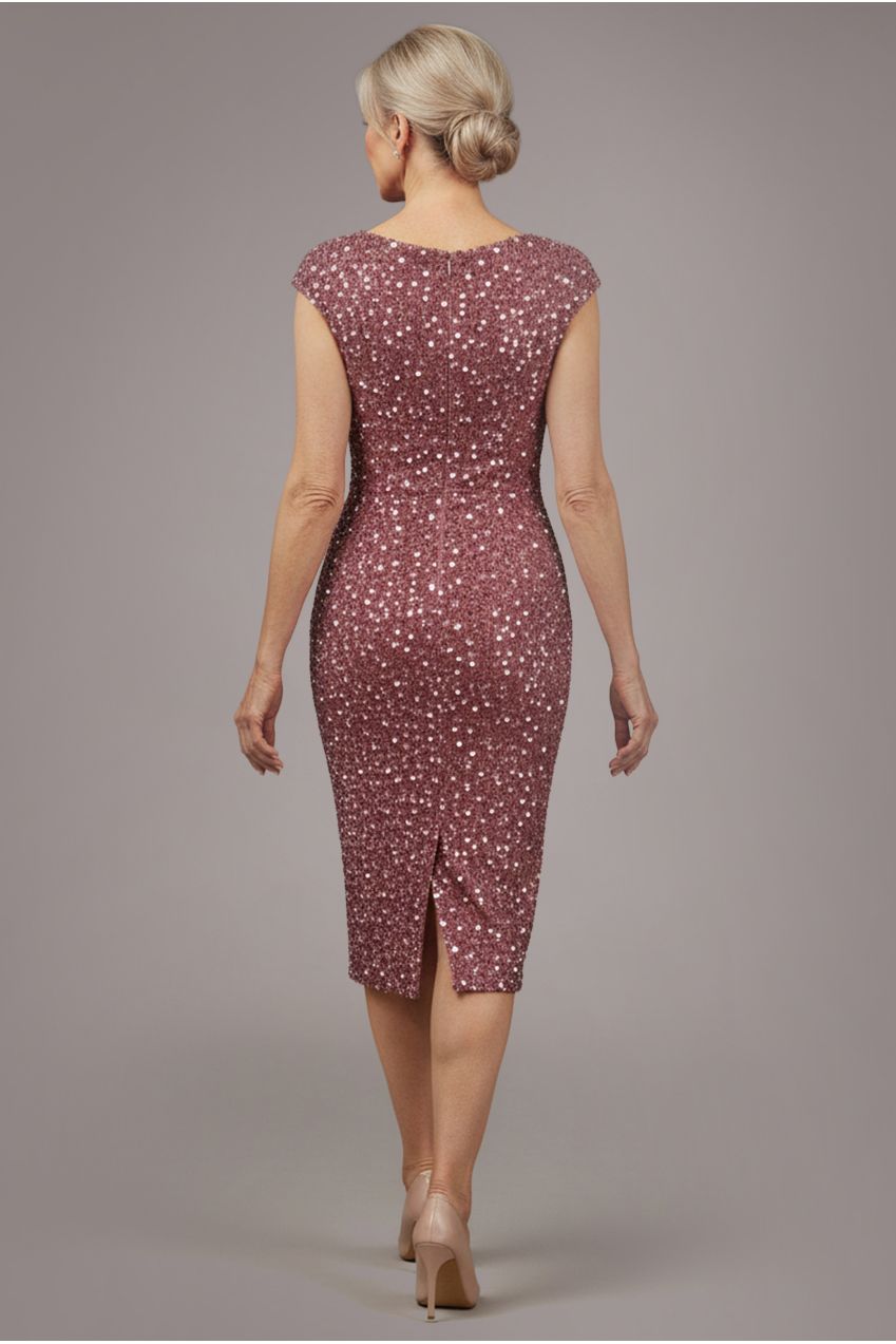 Goddiva Multi Sequin & Velvet Bardot Midi Dress - Blush Pink