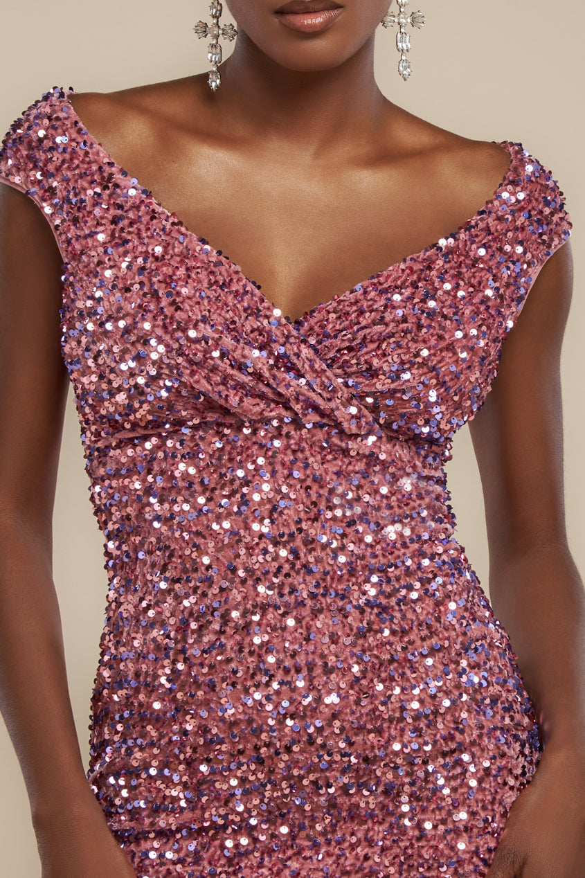 Goddiva Multi Sequin & Velvet Bardot Midi Dress - Blush Pink