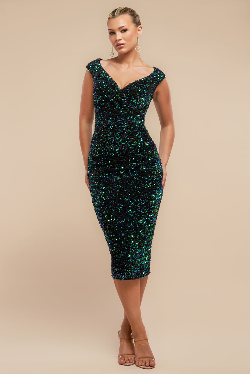 Goddiva Multi Sequin & Velvet Bardot Midi - Emerald Green