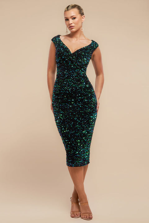 Goddiva Multi Sequin & Velvet Bardot Midi - Emerald Green