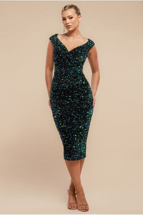 Goddiva Multi Sequin & Velvet Bardot Midi - Emerald Green