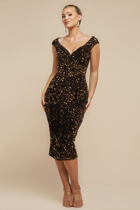 Goddiva Multi Sequin & Velvet Bardot Midi Dress - Gold