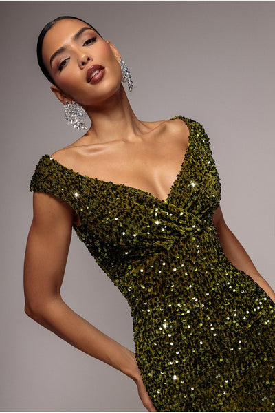 Olive - Goddiva Multi Sequin & Velvet Bardot Midi Dress - Olive Green