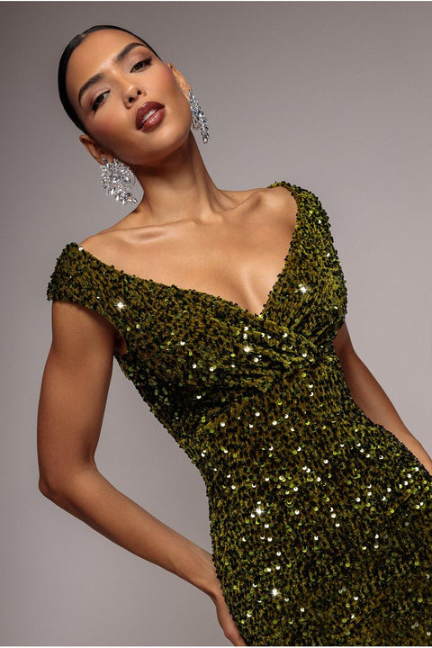 Goddiva Multi Sequin & Velvet Bardot Midi Dress - Olive Green