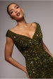 Goddiva Multi Sequin & Velvet Bardot Midi Dress - Olive Green