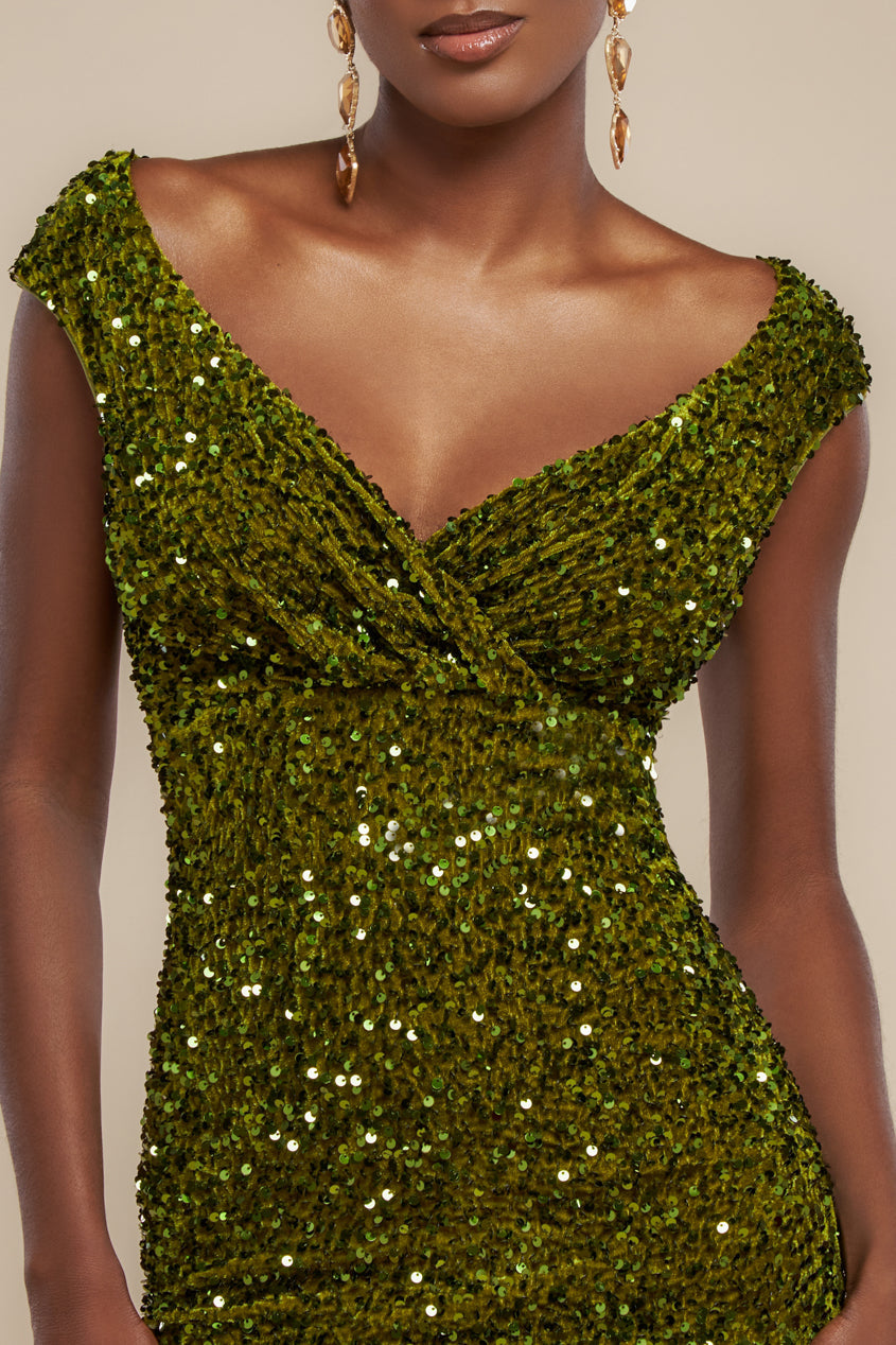 Goddiva Multi Sequin & Velvet Bardot Midi Dress - Olive Green