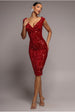 Goddiva Multi Sequin & Velvet Bardot Midi Dress - Red