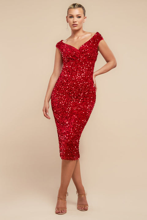 Goddiva Multi Sequin & Velvet Bardot Midi Dress - Red