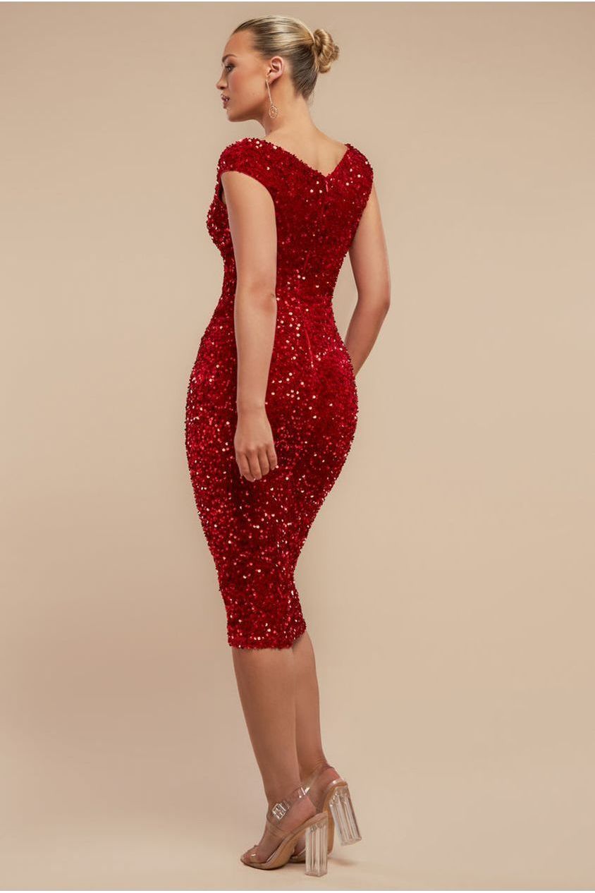 Goddiva Multi Sequin & Velvet Bardot Midi Dress - Red
