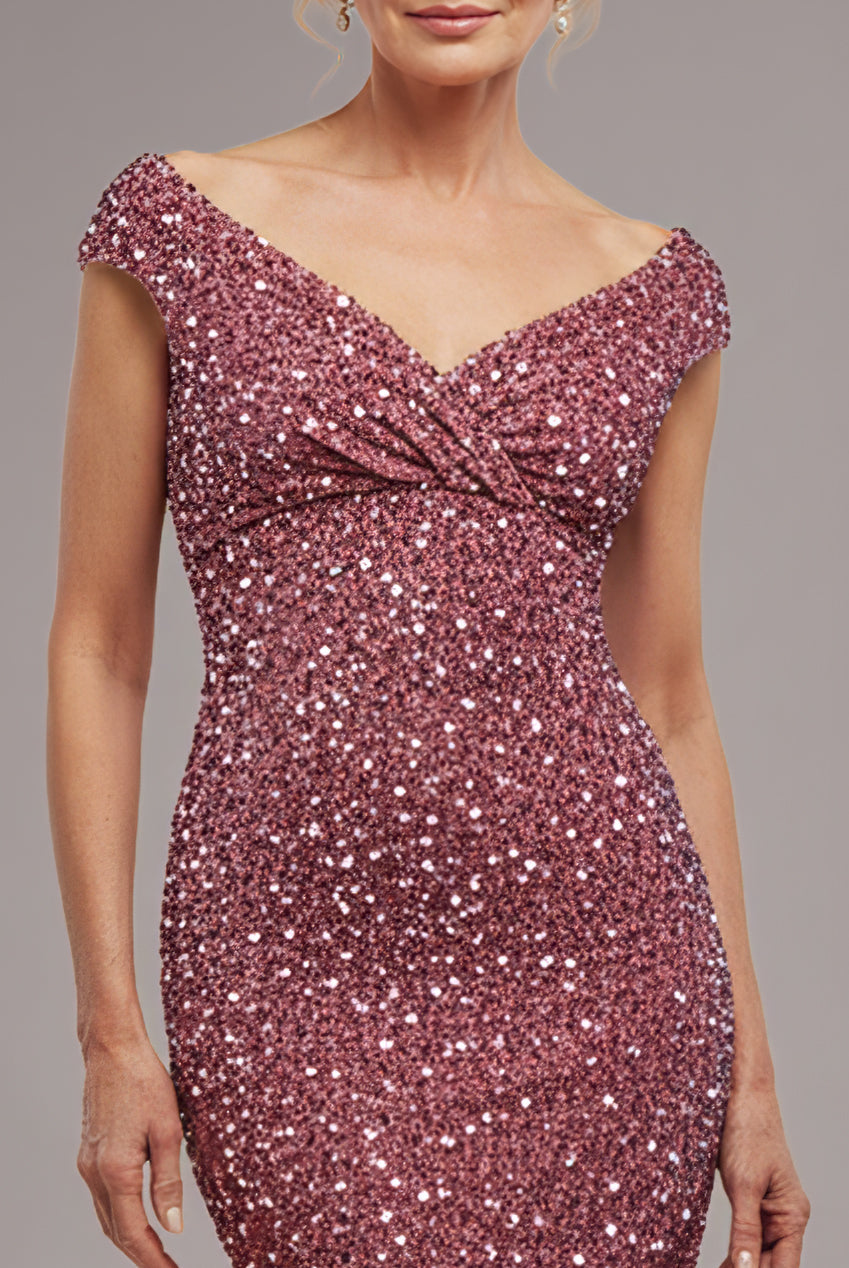 Goddiva Multi Sequin & Velvet Bardot Midi Dress - Blush Pink