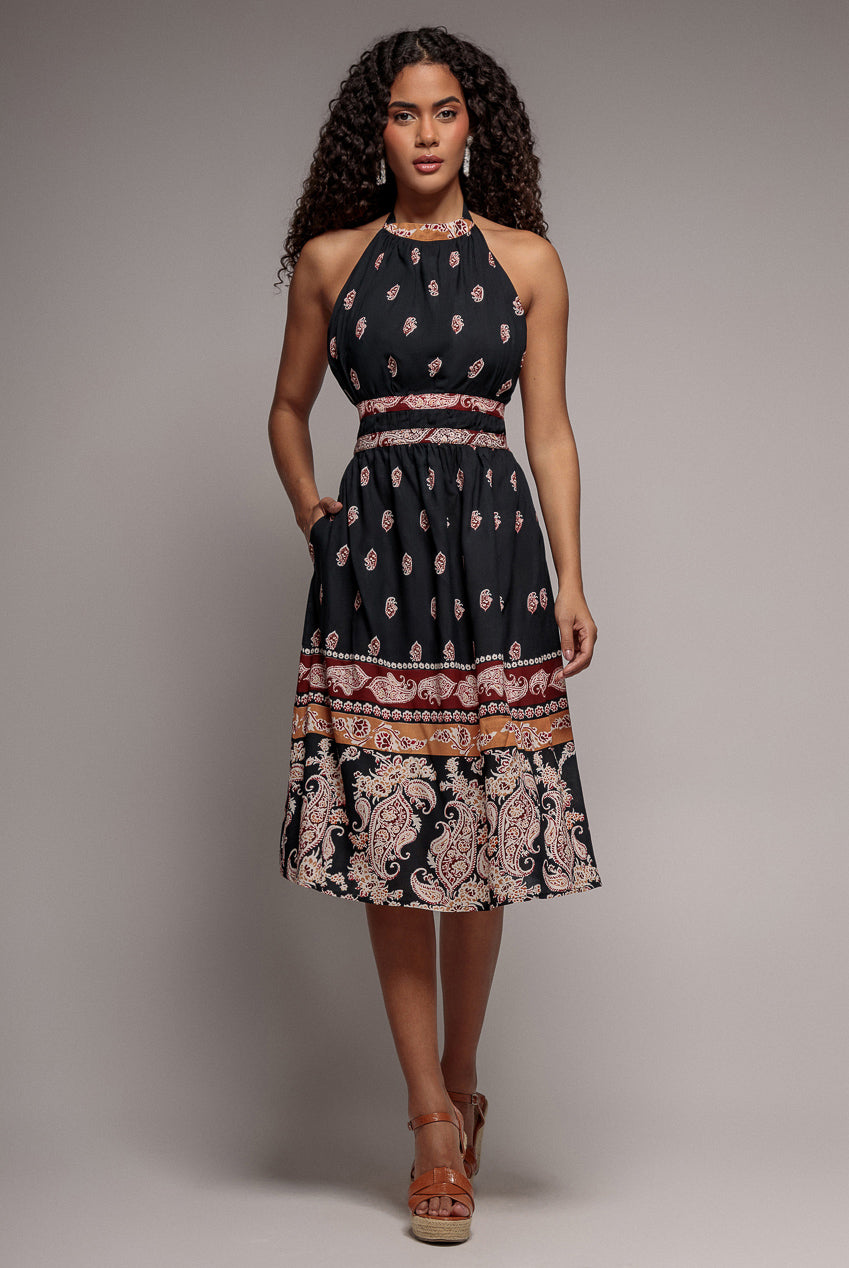 City Goddess Halter Neck Printed Midi Dress - Black