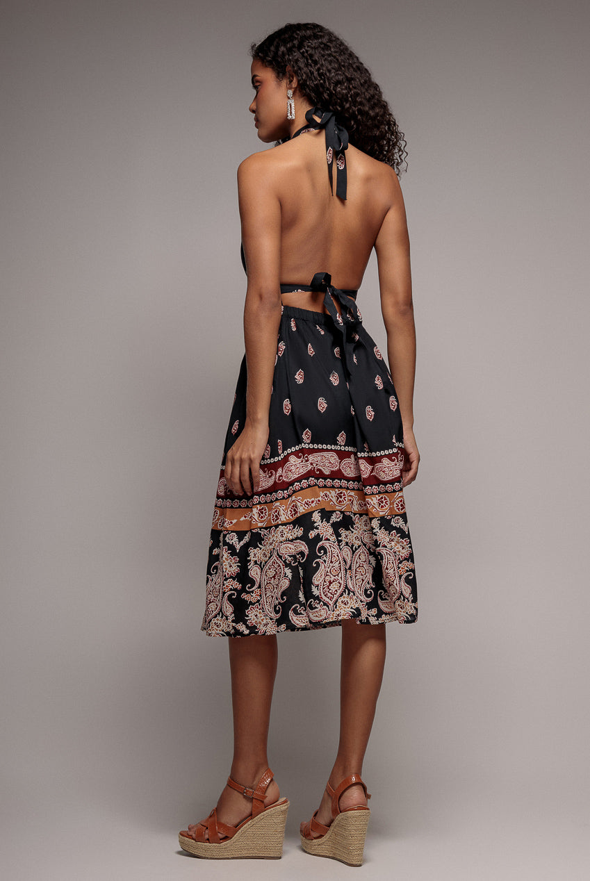 City Goddess Halter Neck Printed Midi Dress - Black