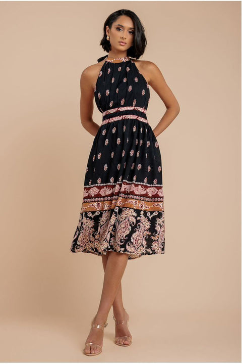City Goddess Halter Neck Printed Midi Dress - Black