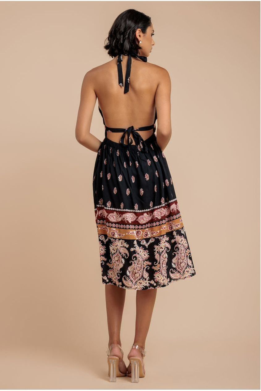City Goddess Halter Neck Printed Midi Dress - Black