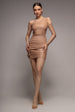 Goddiva One Shoulder Faux Leather Mini Dress - Beige