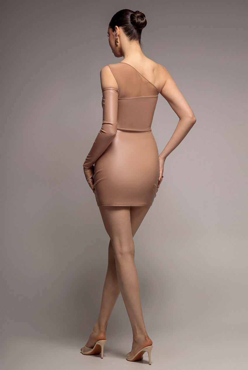 Goddiva One Shoulder Faux Leather Mini Dress - Beige