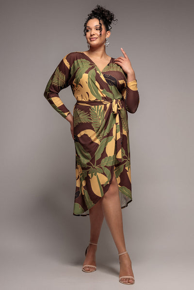 Brown - Goddiva Plus Printed Batwing Wrap Midi Dress - Brown