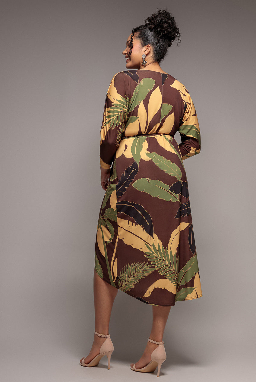 Goddiva Plus Printed Batwing Wrap Midi Dress - Brown