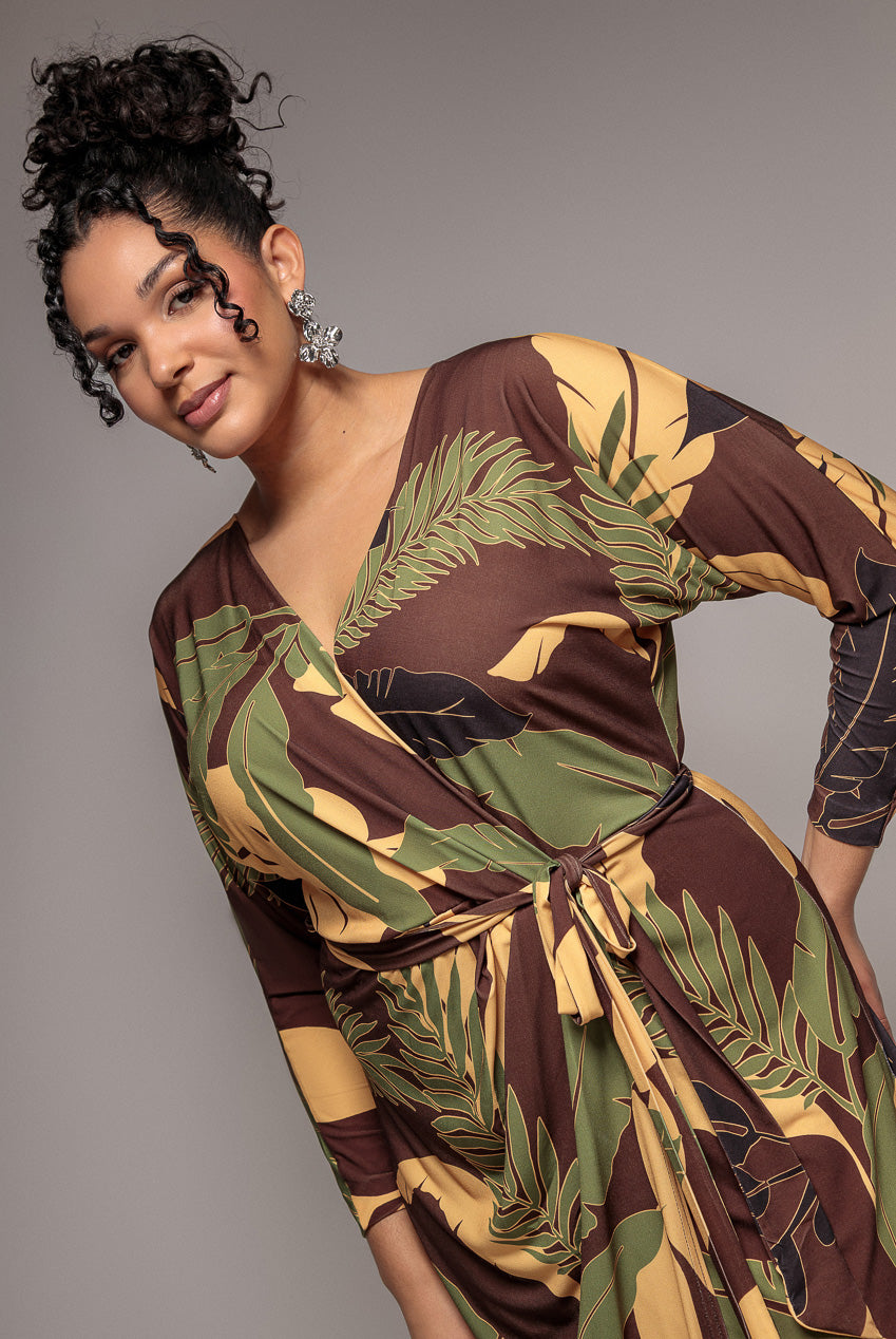 Goddiva Plus Printed Batwing Wrap Midi Dress - Brown