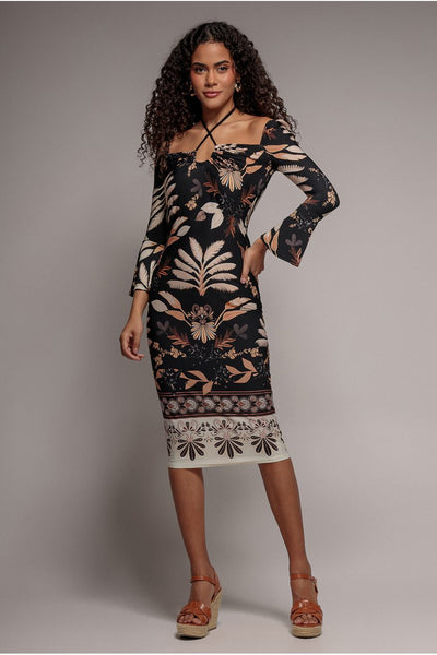 Black - Goddiva Printed Tie Back Midi Dress - Black