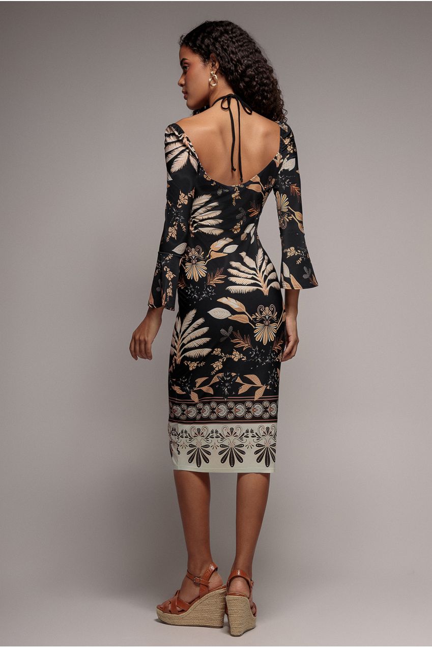 Goddiva Printed Tie Back Midi Dress - Black
