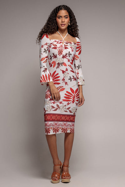 Goddiva Printed Tie Back Midi Dress - Cream