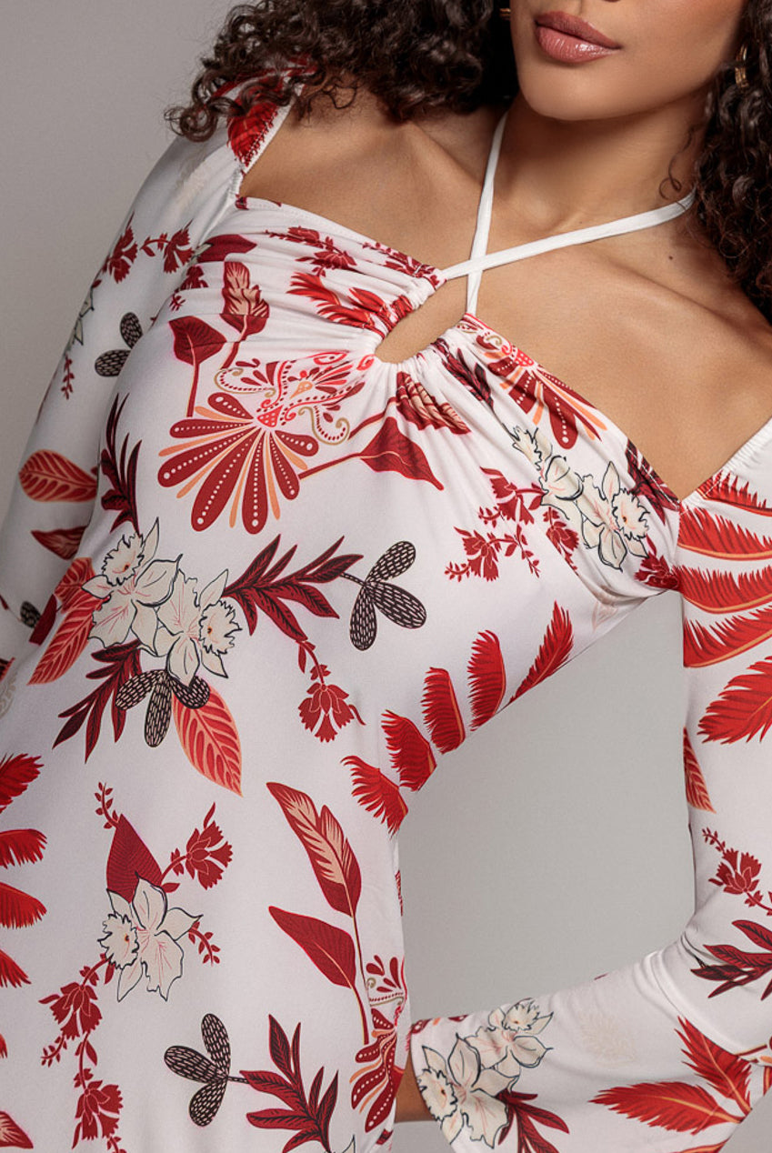 Goddiva Printed Tie Back Midi Dress - Cream