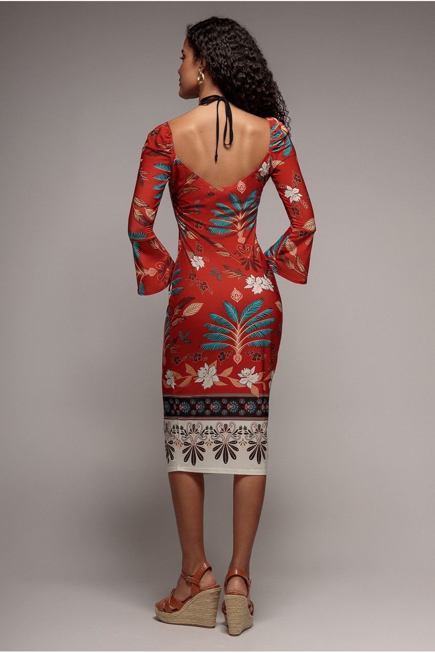 Goddiva Printed Tie Back Midi Dress - Orange