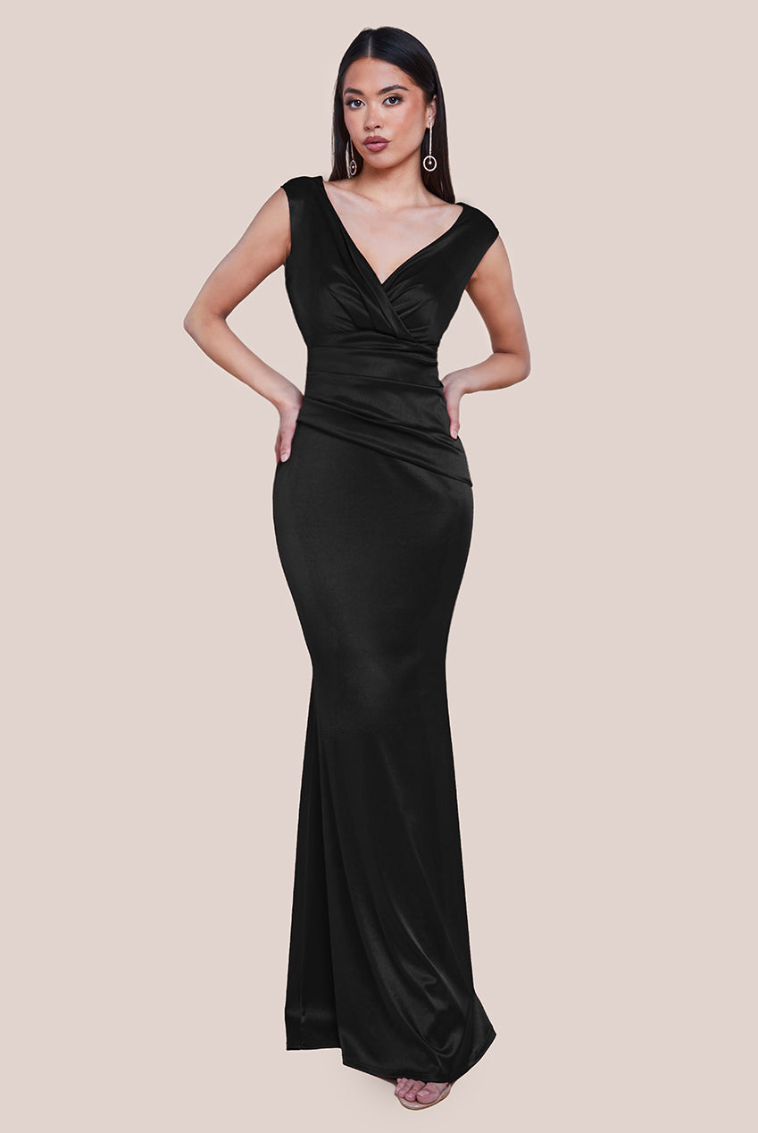 Goddiva Satin Off The Shoulder Maxi Dress - Black