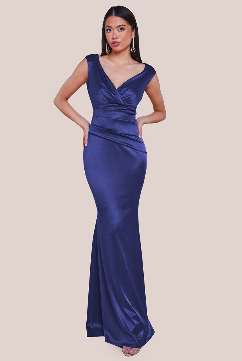 Goddiva Satin Off The Shoulder Maxi Dress - Navy