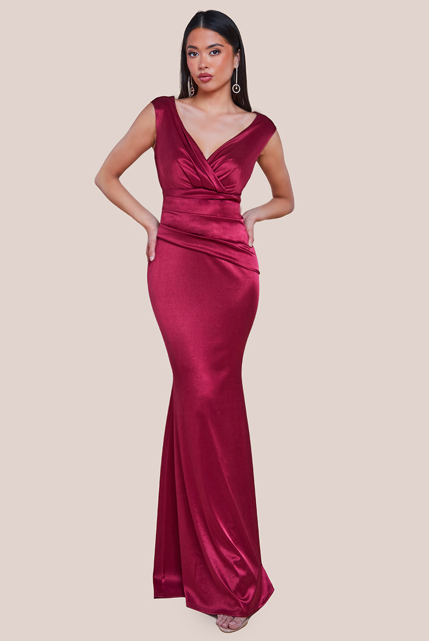 Goddiva Satin Off The Shoulder Maxi Dress - Wine