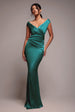 Goddiva Satin Off The Shoulder Maxi Dress - Emerald Green