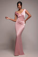 Goddiva Satin Off The Shoulder Maxi Dress - Pink