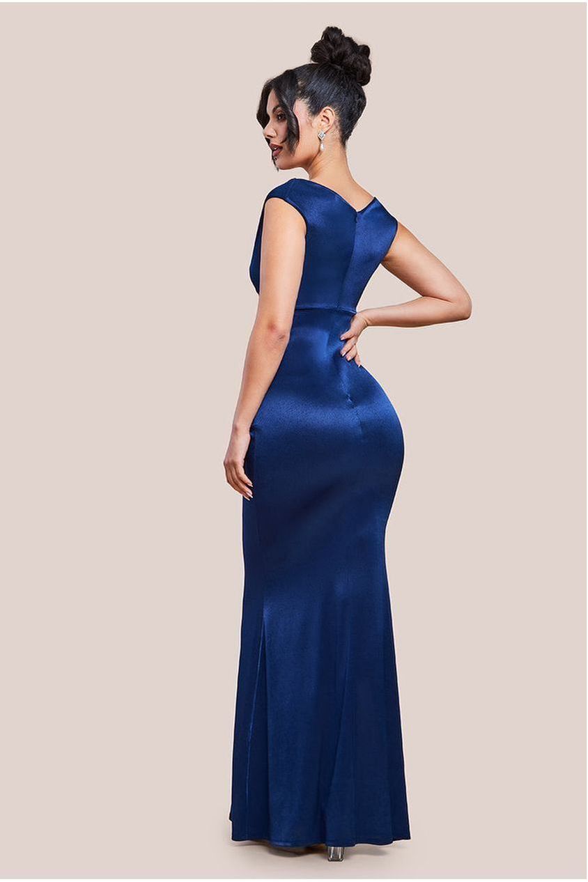 Goddiva Satin Off The Shoulder Maxi Dress - Navy Blue