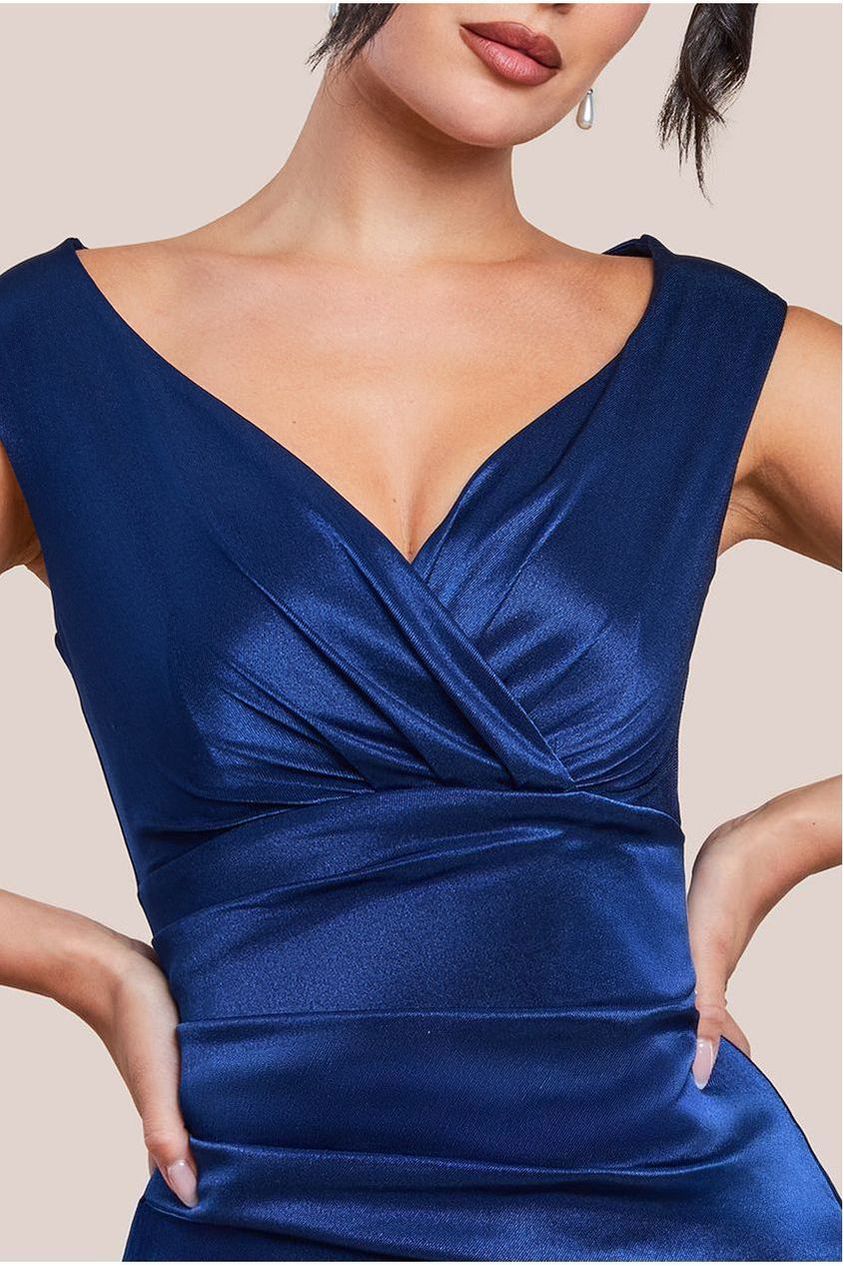 Goddiva Satin Off The Shoulder Maxi Dress - Navy Blue