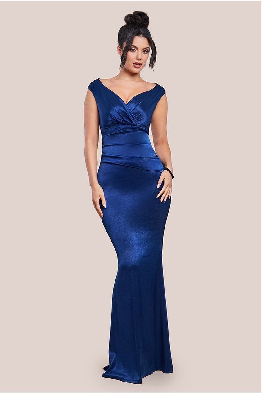 Goddiva Satin Off The Shoulder Maxi Dress - Navy Blue