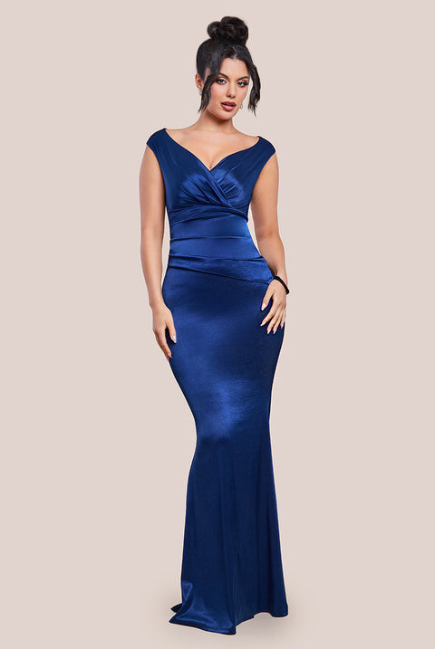 Goddiva Satin Off The Shoulder Maxi Dress - Navy Blue