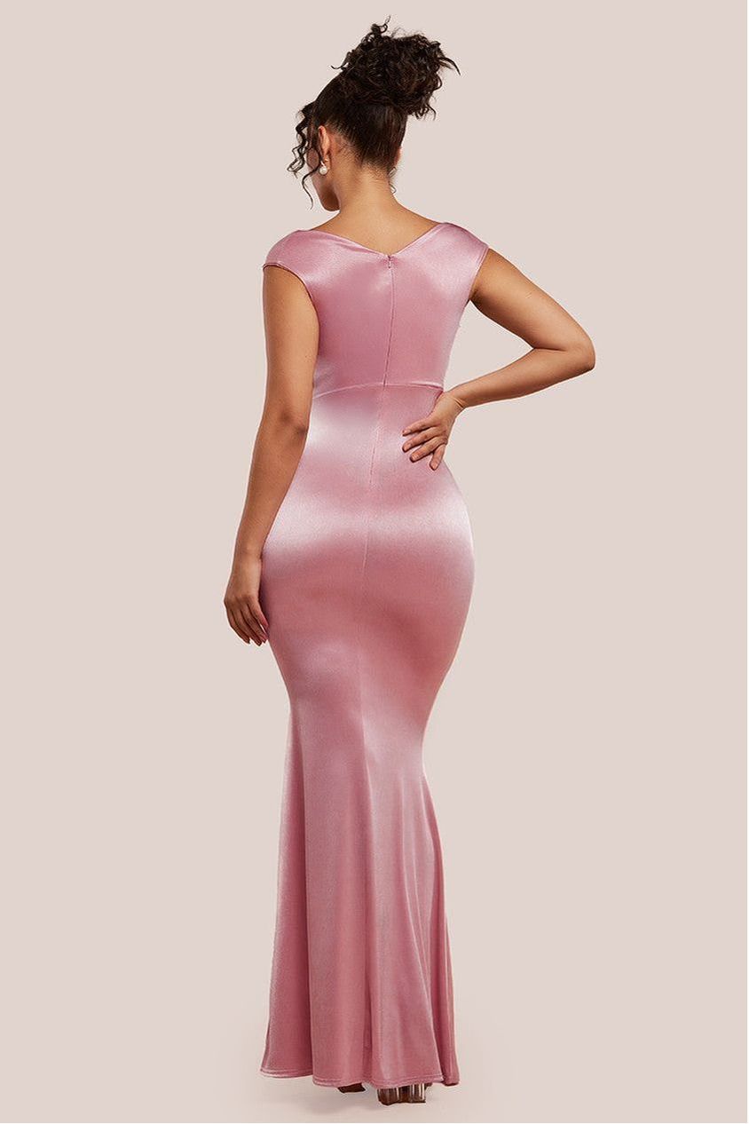 Goddiva Satin Off The Shoulder Maxi Dress - Pink