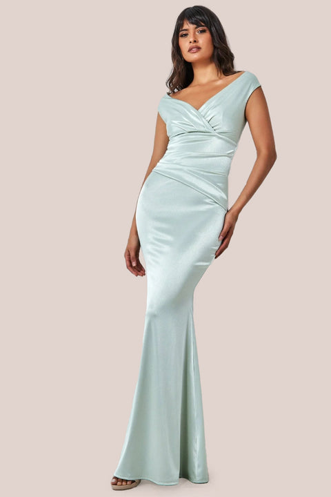 Goddiva Satin Off The Shoulder Maxi Dress - Sage Green