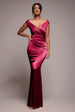 Goddiva Satin Off The Shoulder Maxi Dress - Wine