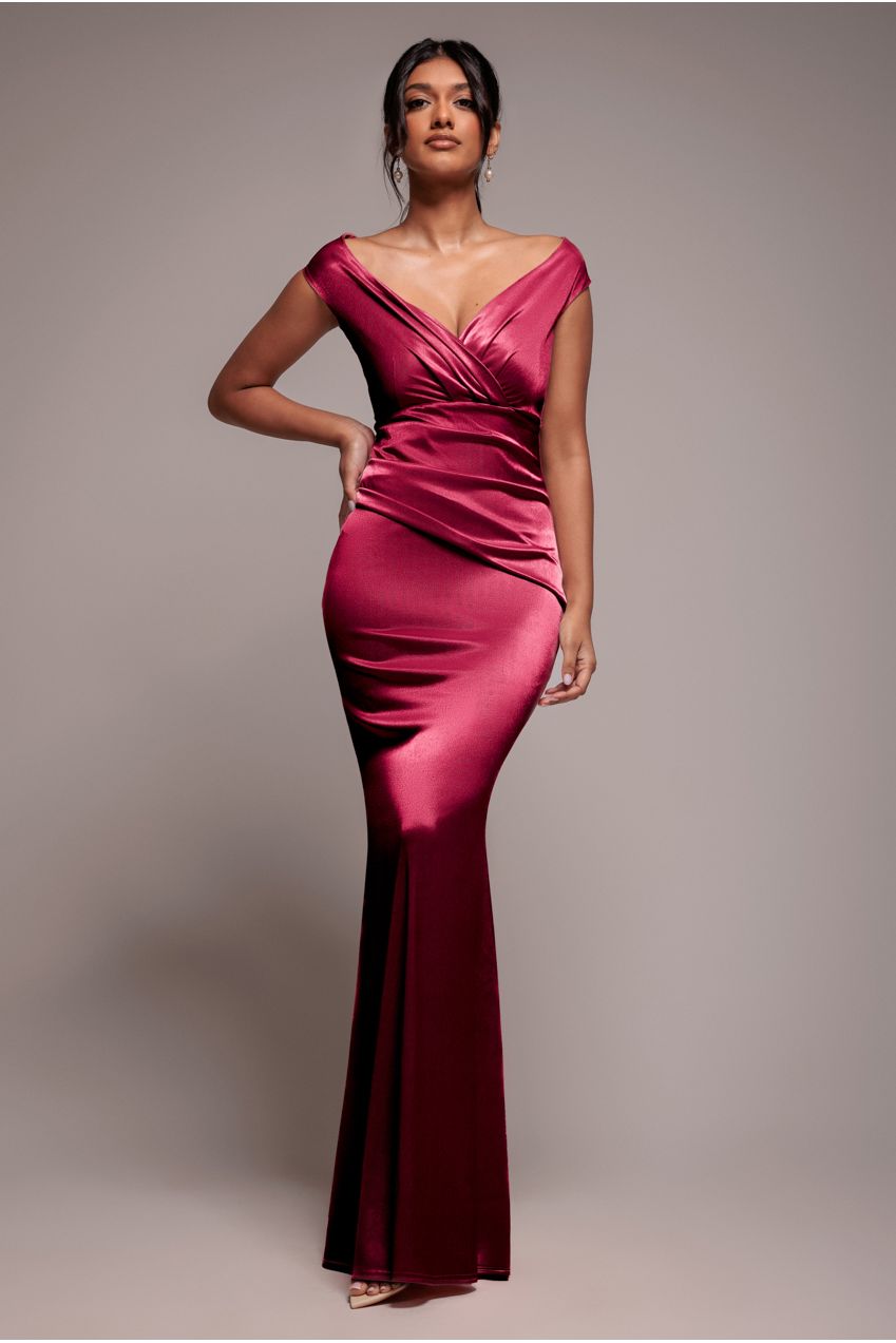 Goddiva Satin Off The Shoulder Maxi Dress - Wine