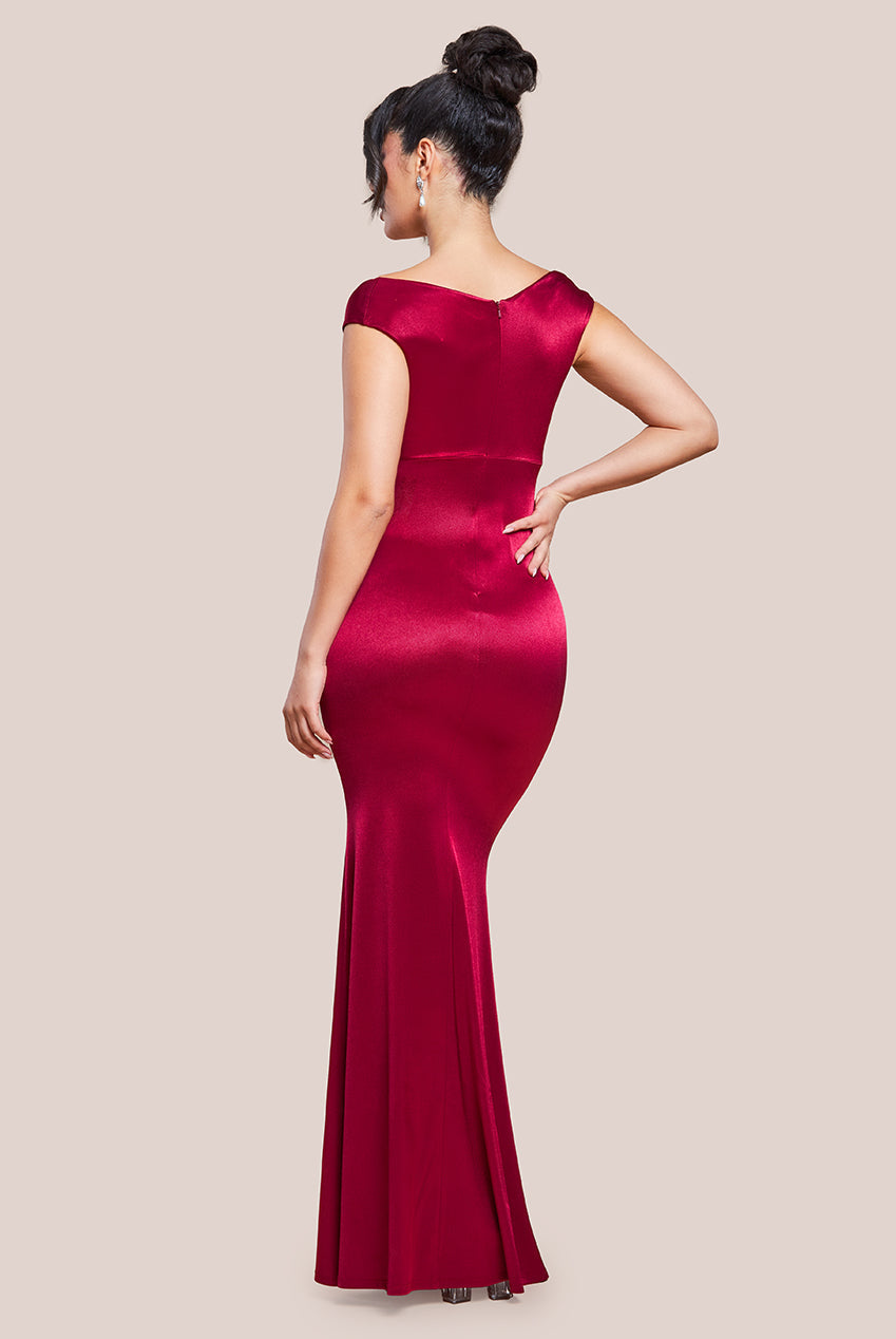 Goddiva Satin Off The Shoulder Maxi Dress - Wine