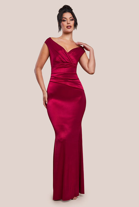 Goddiva Satin Off The Shoulder Maxi Dress - Wine