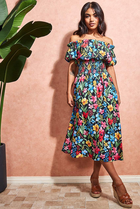 Goddiva Off The Shoulder Floral Midi Dress - Black