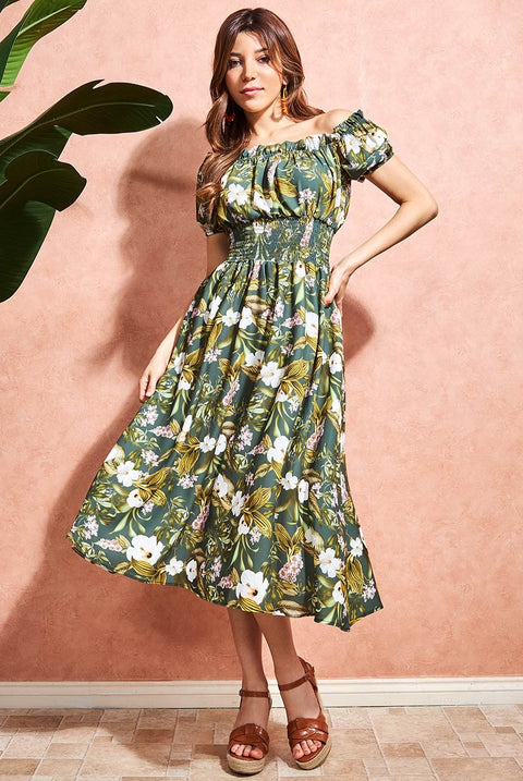 Goddiva Off The Shoulder Floral Midi Dress - Green