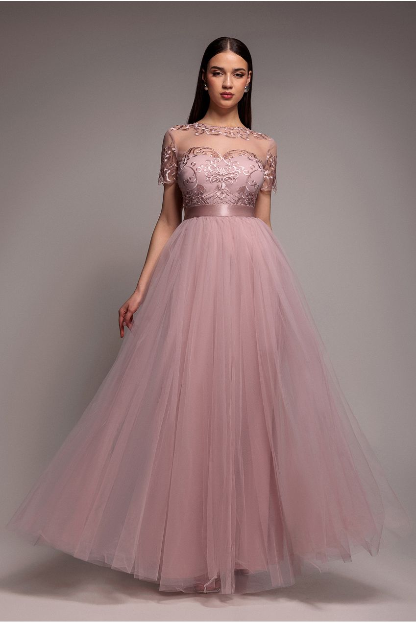 Embroidered Mesh Maxi Dress - Blush