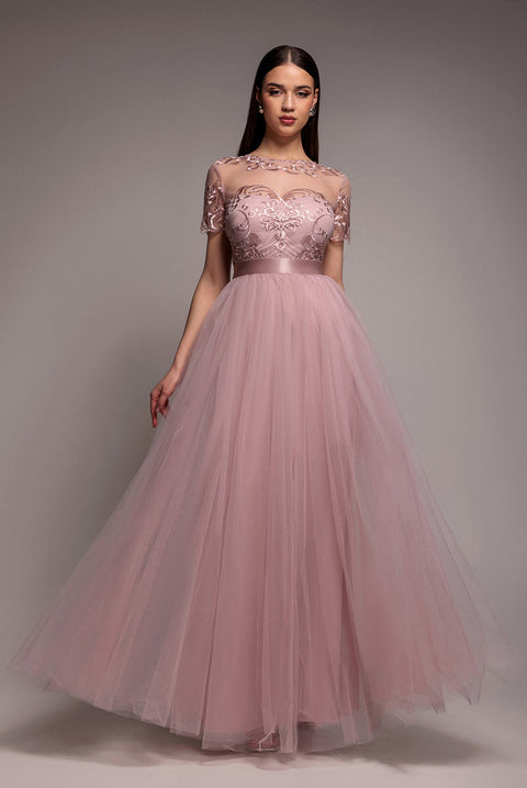 Goddiva Embroidered Mesh Maxi Dress - Blush